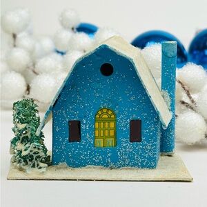 Vintage Blue Putz Christmas Village House Glitter Snow Loofa Tree Chimney